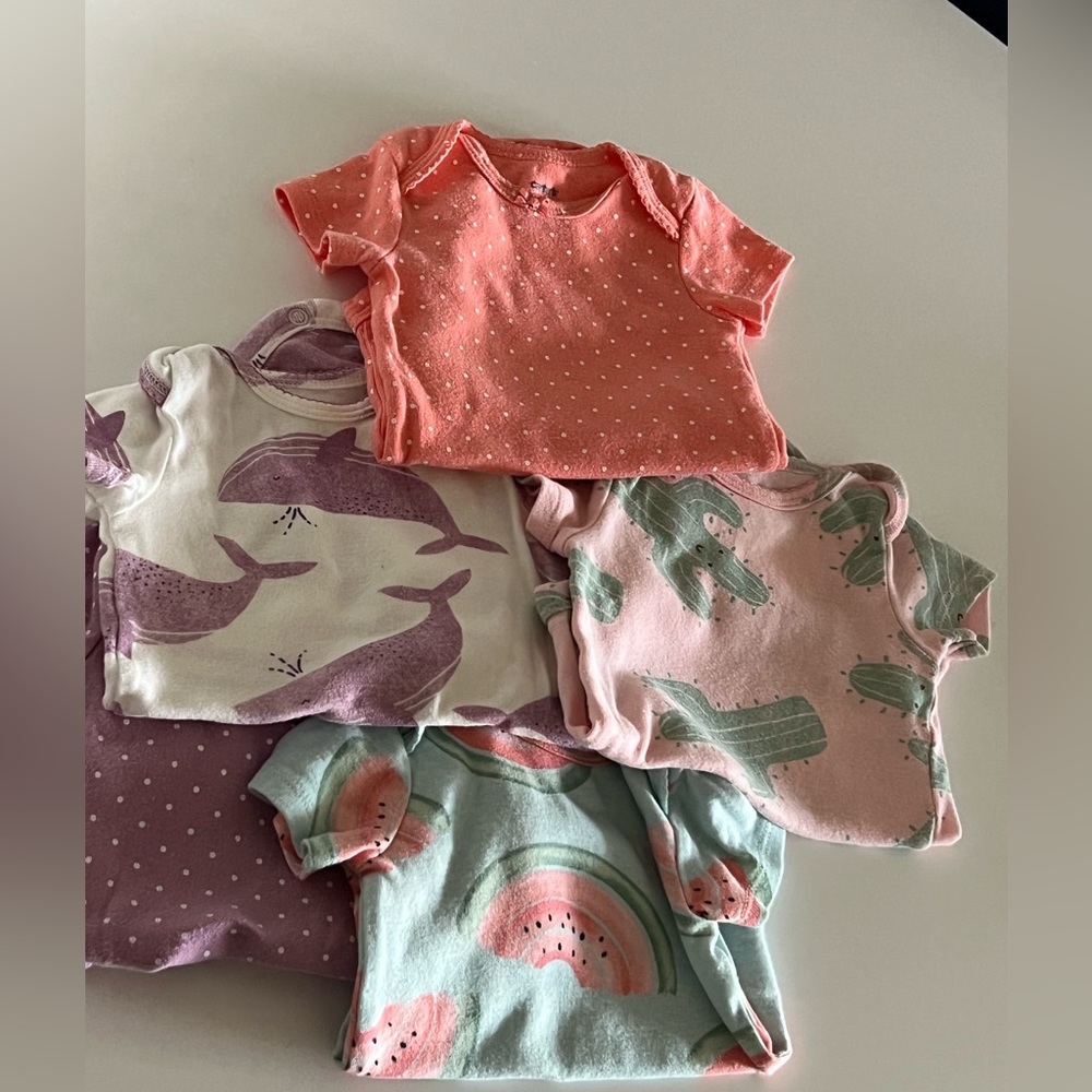 Set of 5 baby girl onesies size 6 months